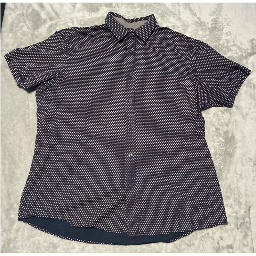 Michael Kors Mens XL Classic Fit Short Sleeve Button Down Shirt Geometric Navy